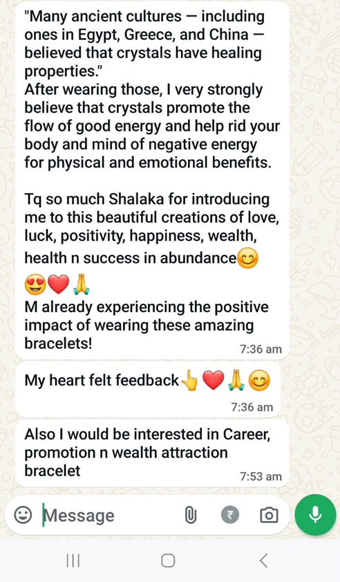 WhatsApp message from Pratibha in Pune sharing her experience with crystal bracelets