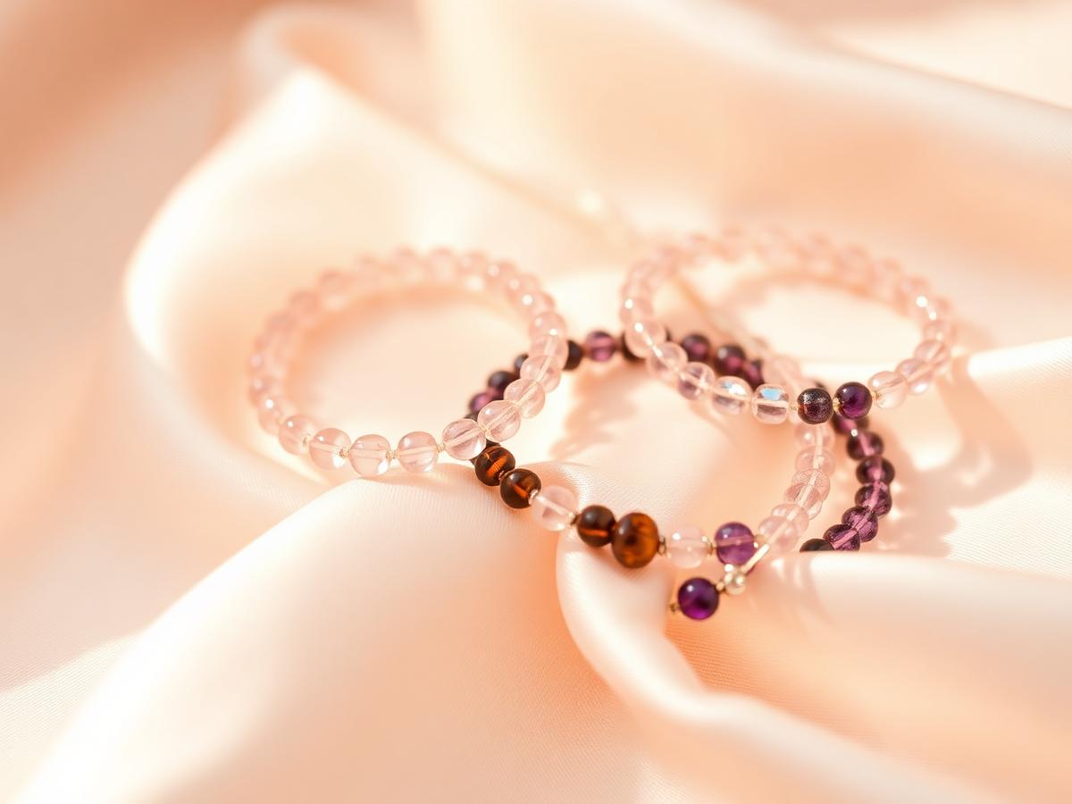 Crystal bead bracelets resting on blush silk