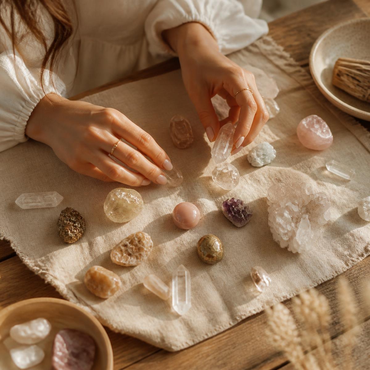 Hands arranging an assortment of crystals on linen