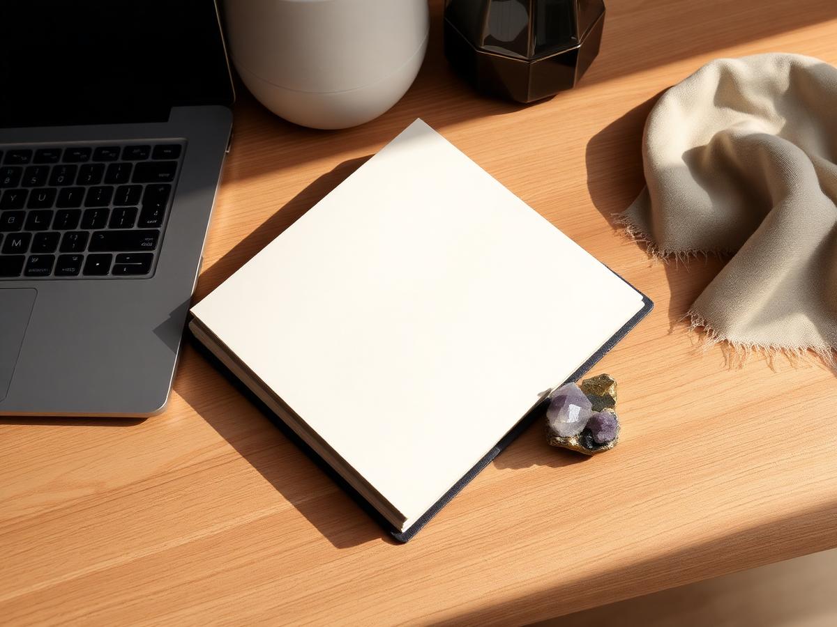 A calm wooden desk with a notebook and small crystals